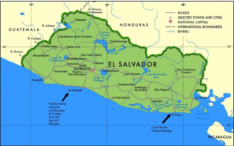 Regiões de surfe em El Salvador