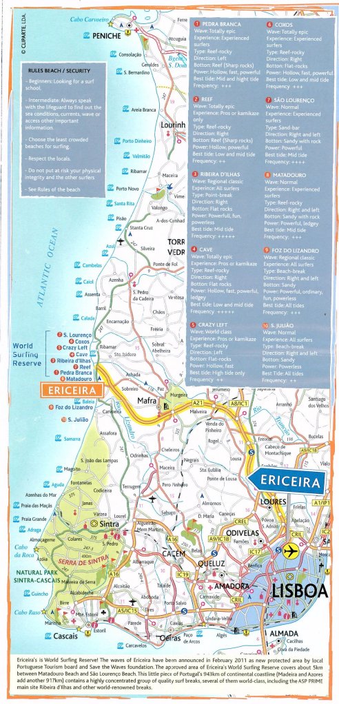 Mapa Turístico da Região de Ericeira - Descreve as características de algumas das principais ondas da região